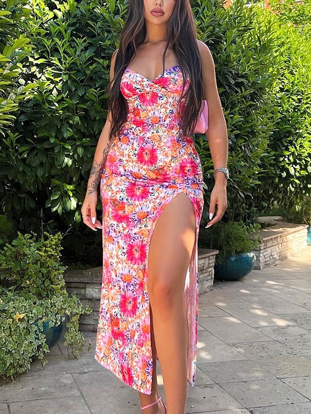 Pink Floral Bodycon Maxi Dress with High Slit