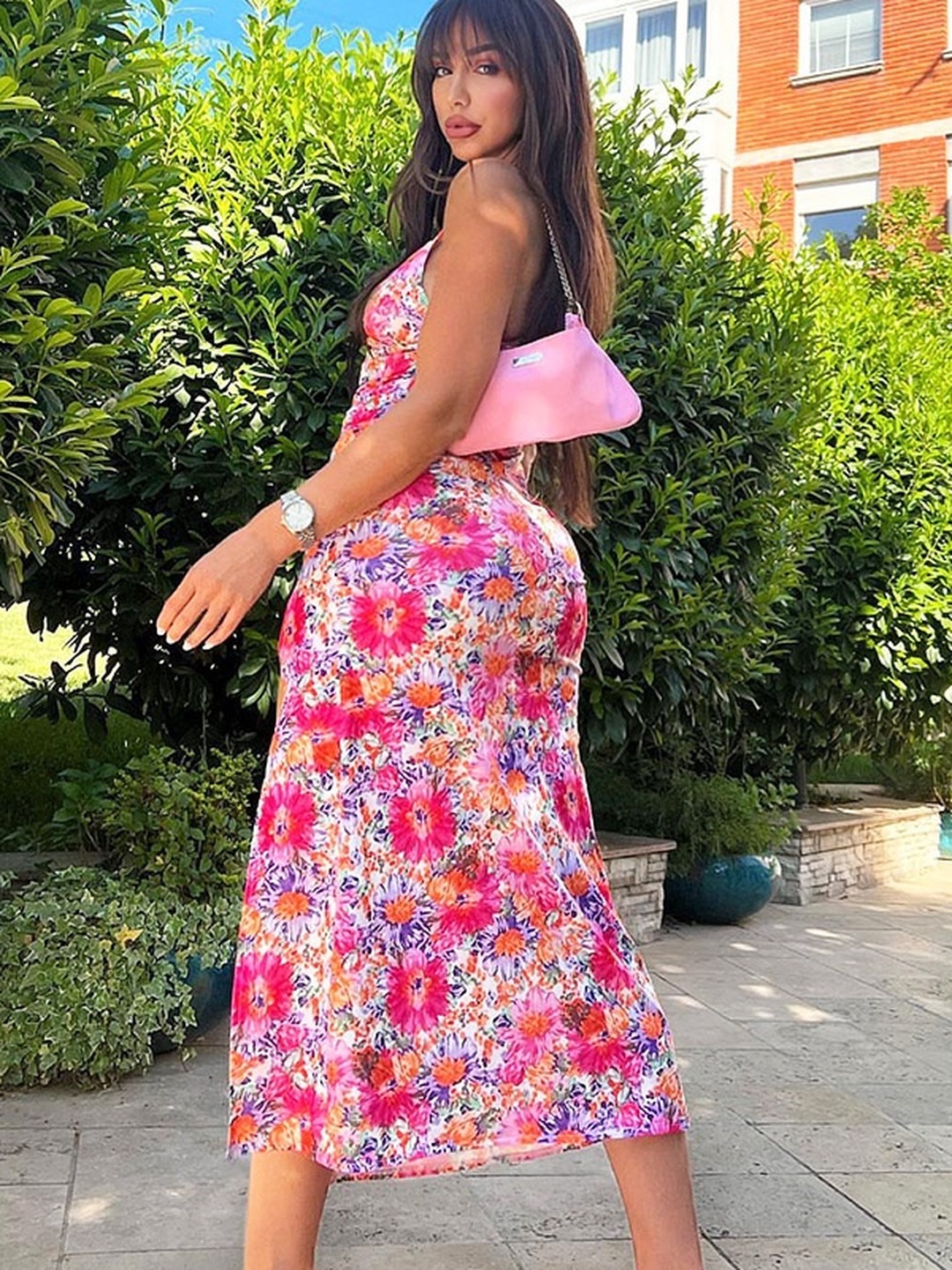 Pink Floral Bodycon Maxi Dress with High Slit