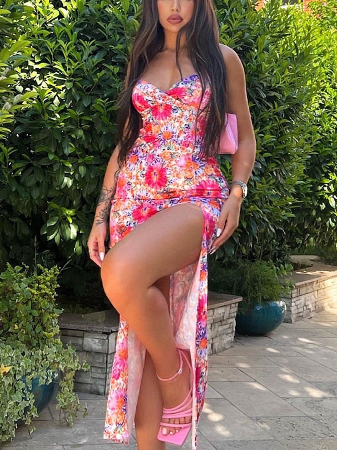 Pink Floral Bodycon Maxi Dress with High Slit