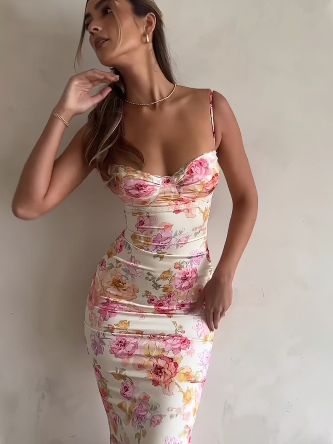 Cream Floral Bodycon Maxi Dress