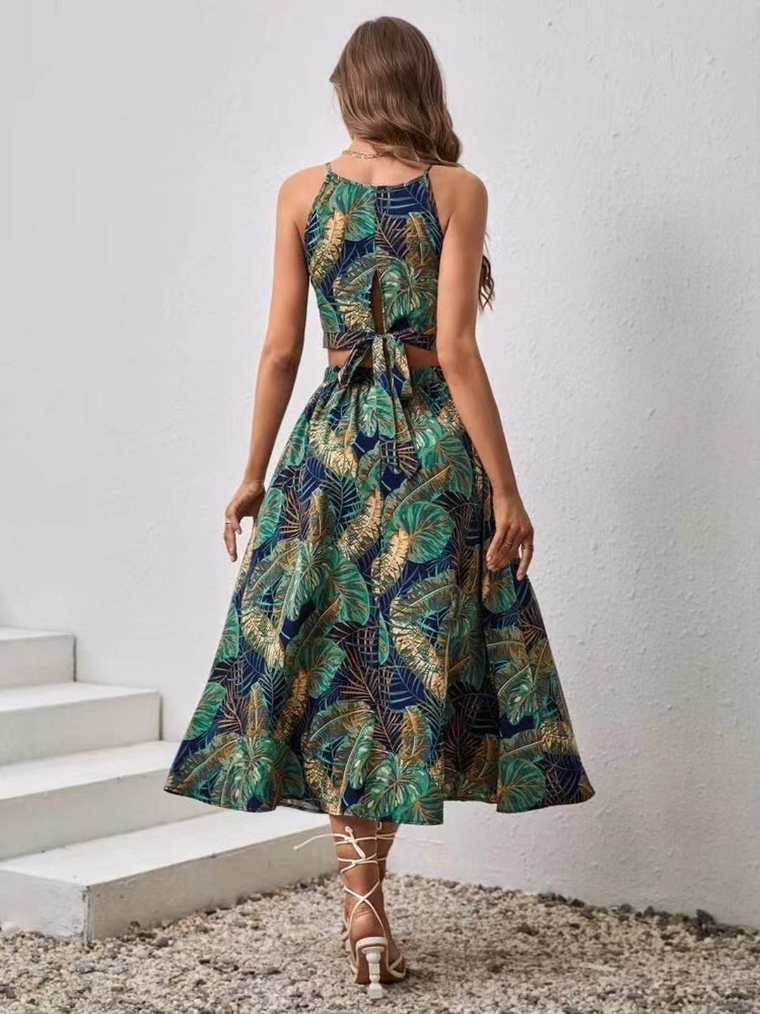 Green Tropical Print Crop Top and Slit Skirt Co-ord Set