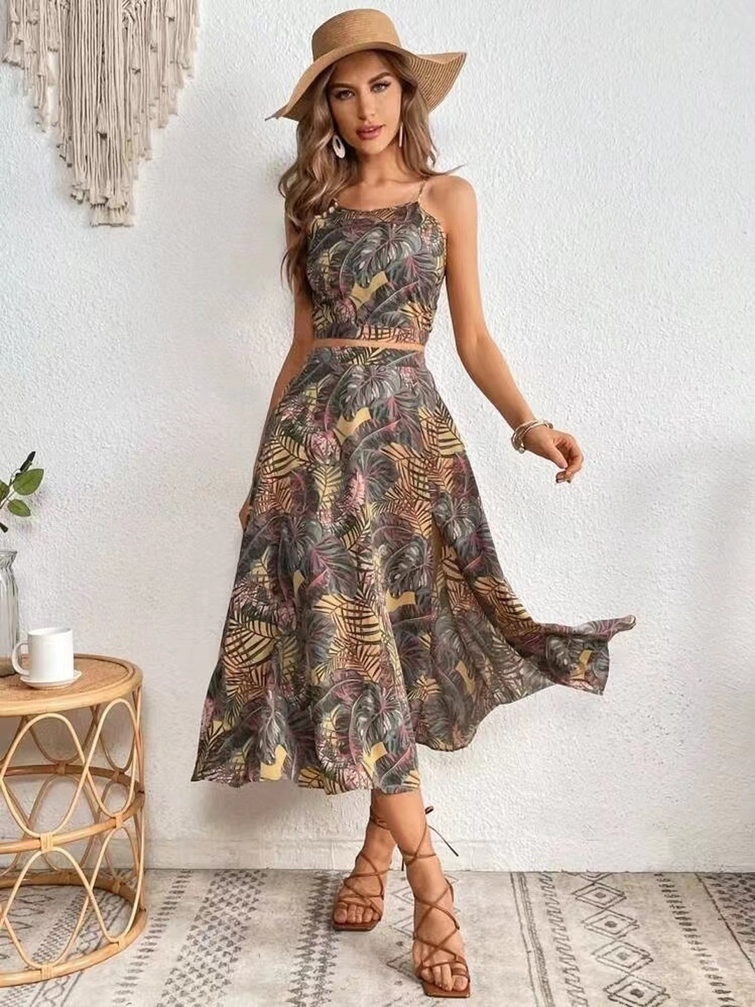 Brown Tropical Print Crop Top and Skirt Co-Ord Set