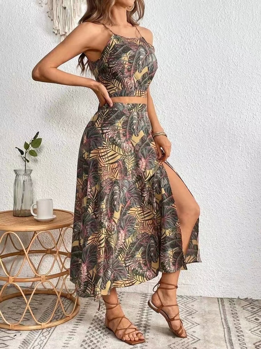Brown Tropical Print Crop Top and Skirt Co-Ord Set
