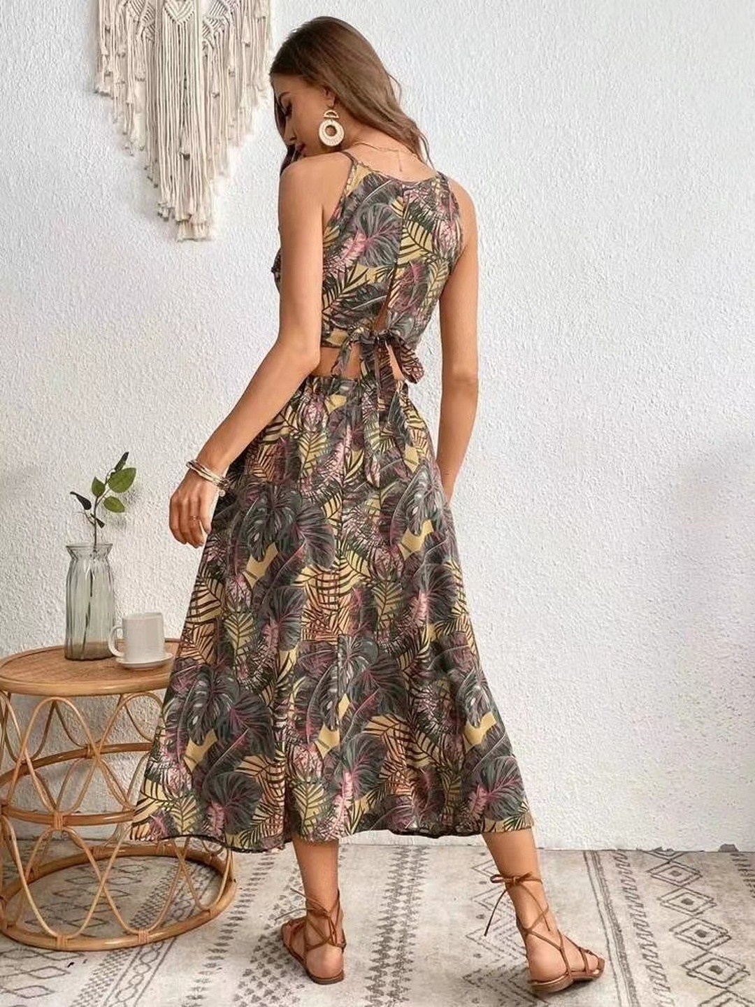 Brown Tropical Print Crop Top and Skirt Co-Ord Set