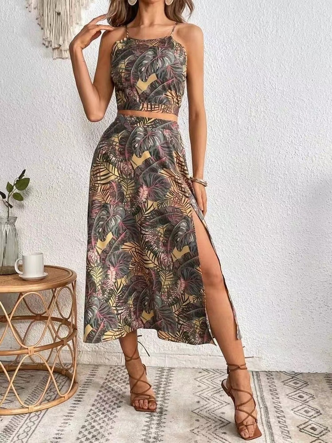 Brown Tropical Print Crop Top and Skirt Co-Ord Set