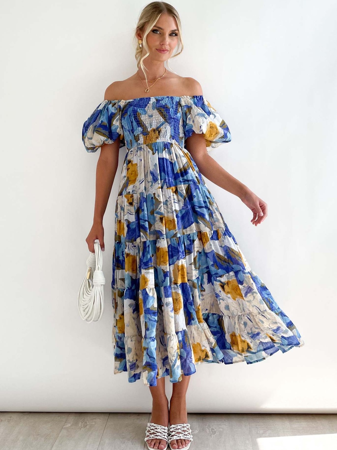 Blue Floral Off Shoulder Tiered Midi Dress