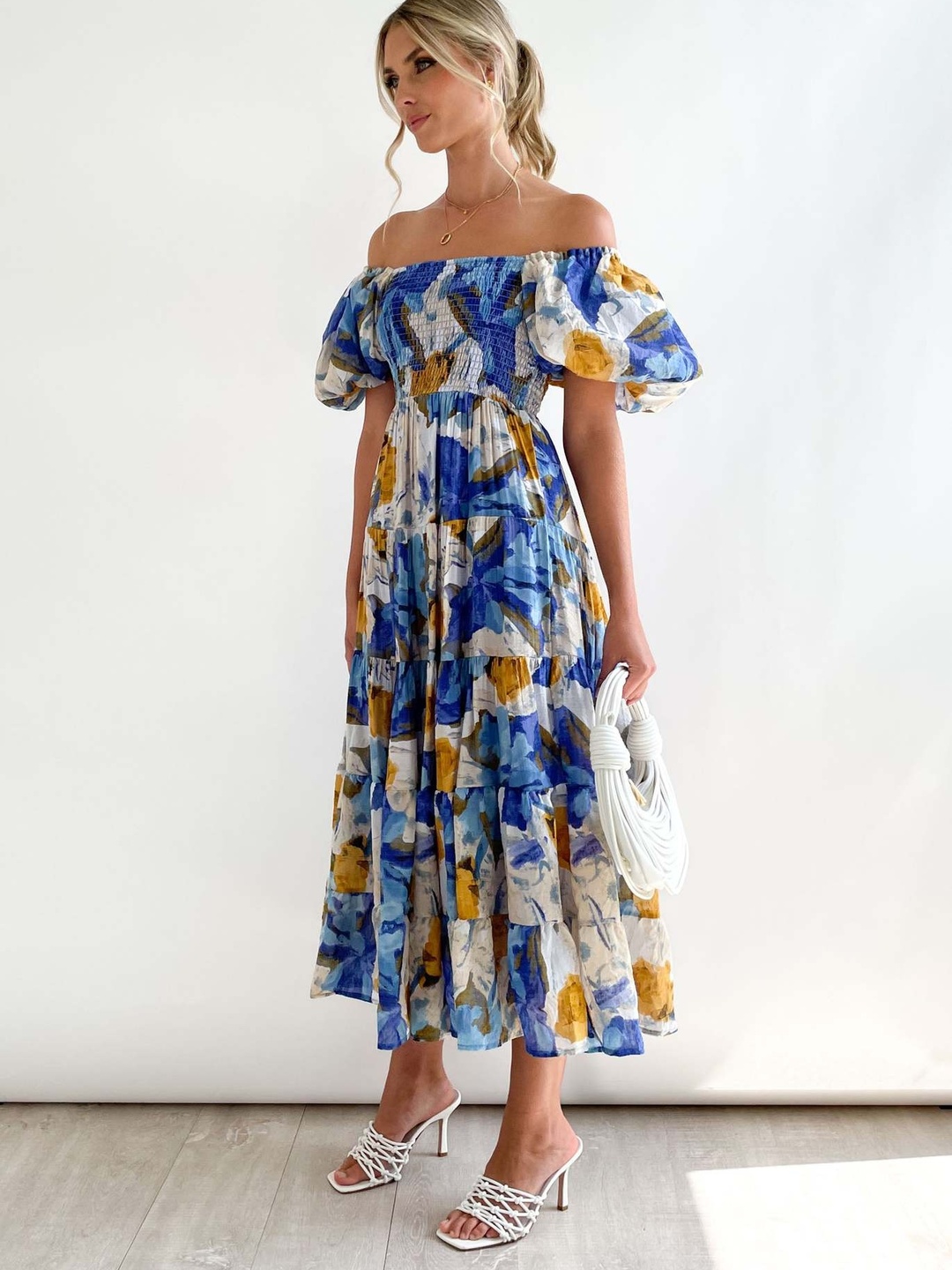 Blue Floral Off Shoulder Tiered Midi Dress