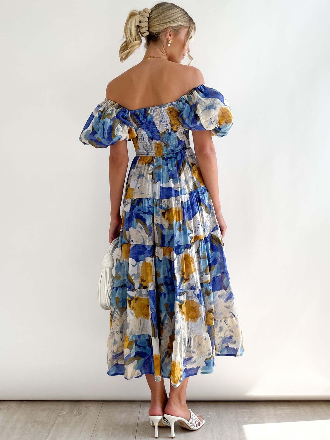 Blue Floral Off Shoulder Tiered Midi Dress
