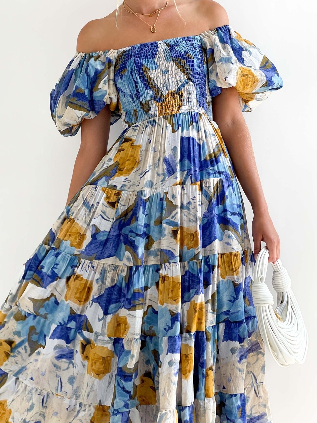 Blue Floral Off Shoulder Tiered Midi Dress