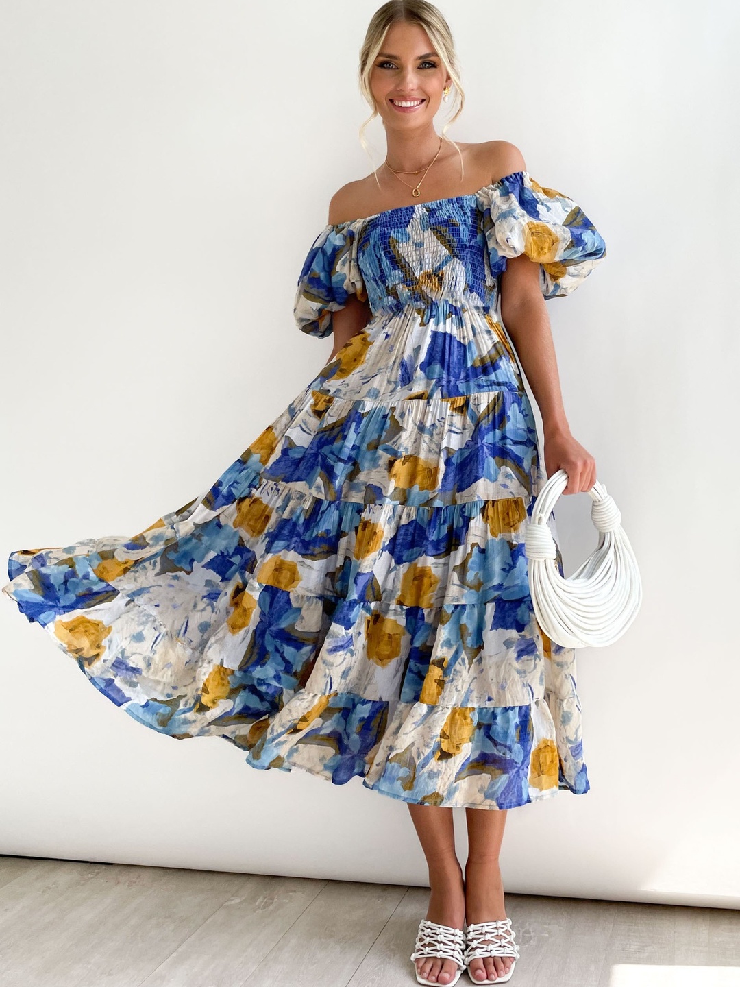 Blue Floral Off Shoulder Tiered Midi Dress