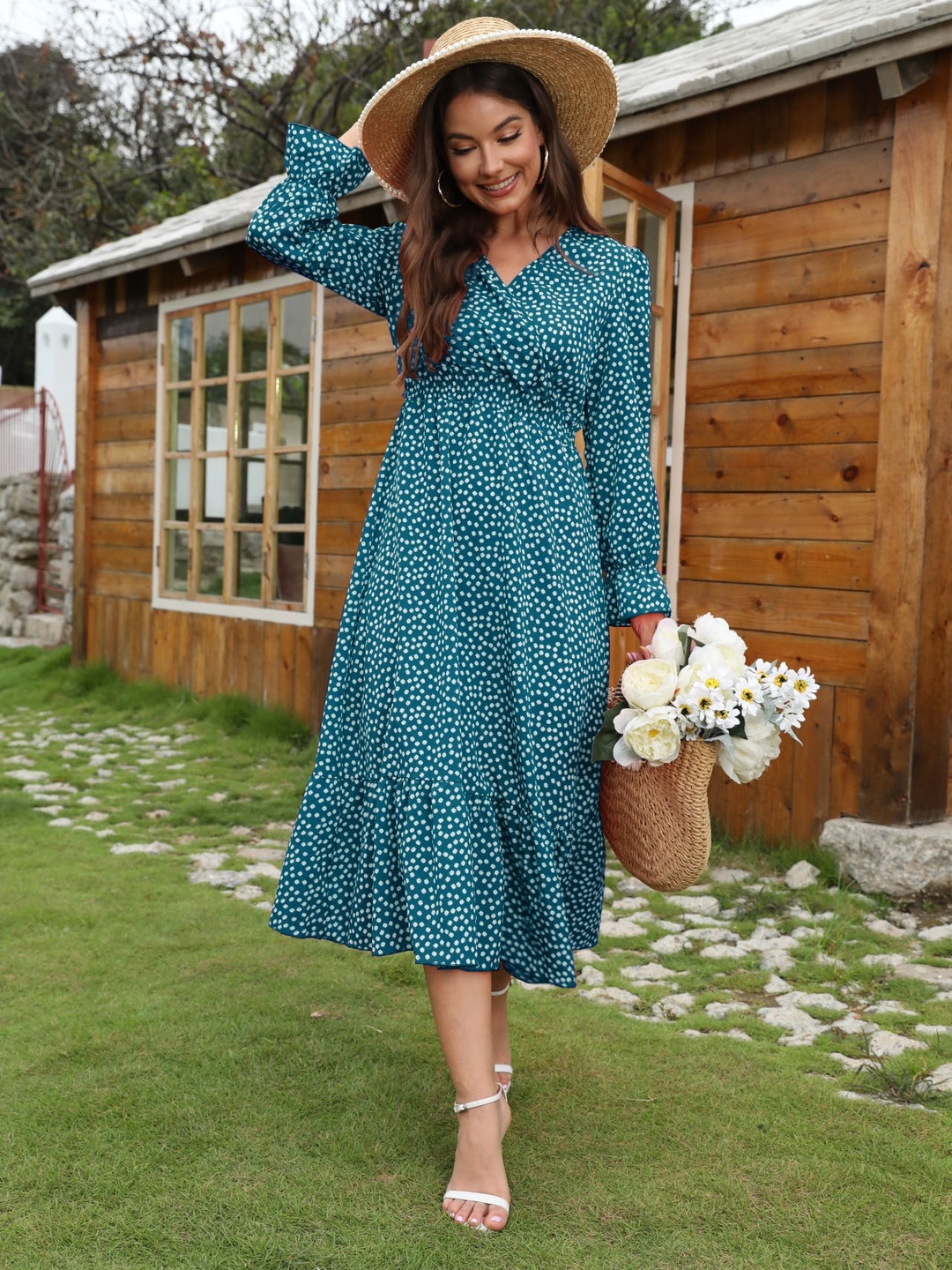 Teal Polka Dot A-Line Midi Dress