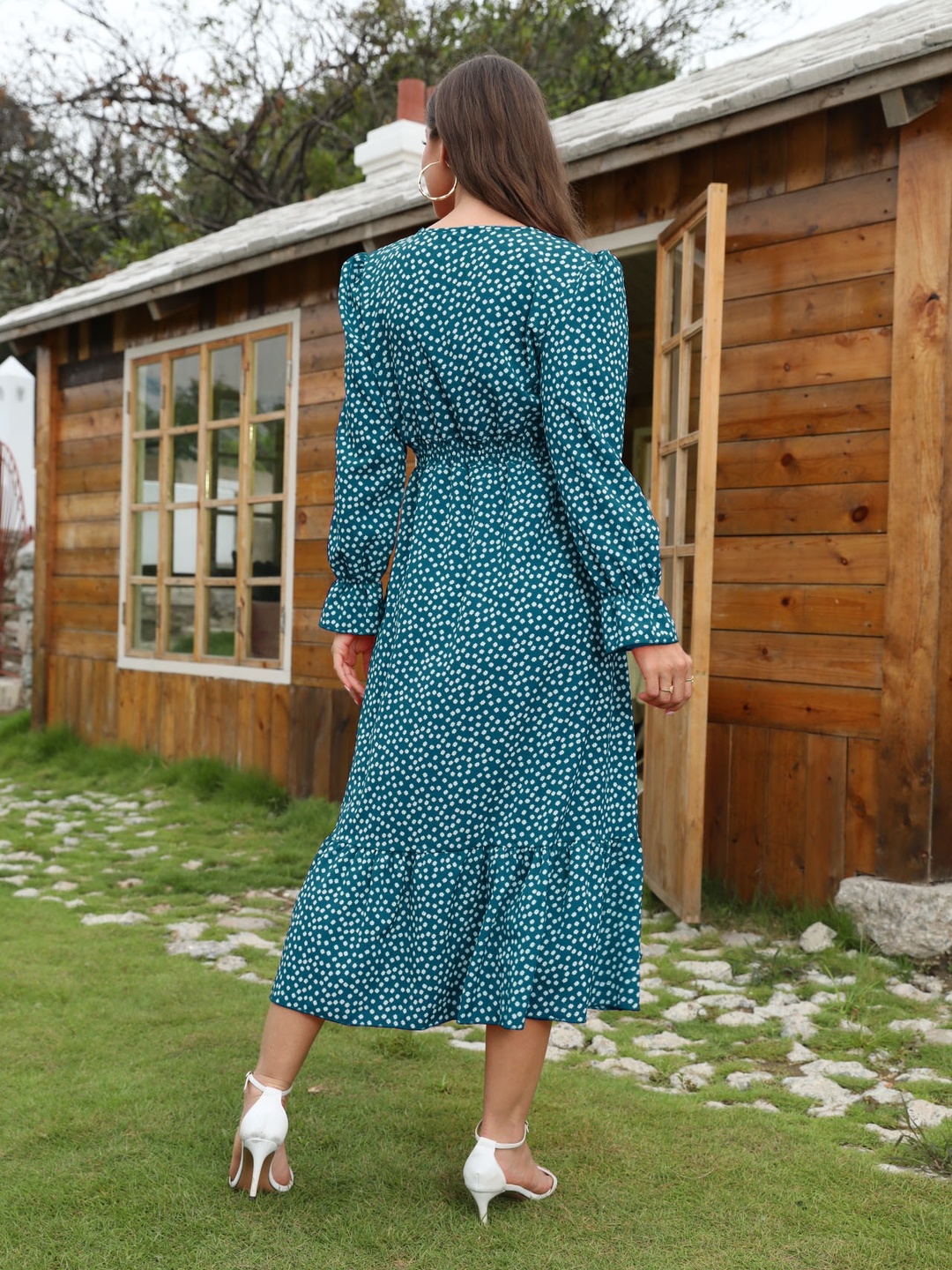 Teal Polka Dot A-Line Midi Dress