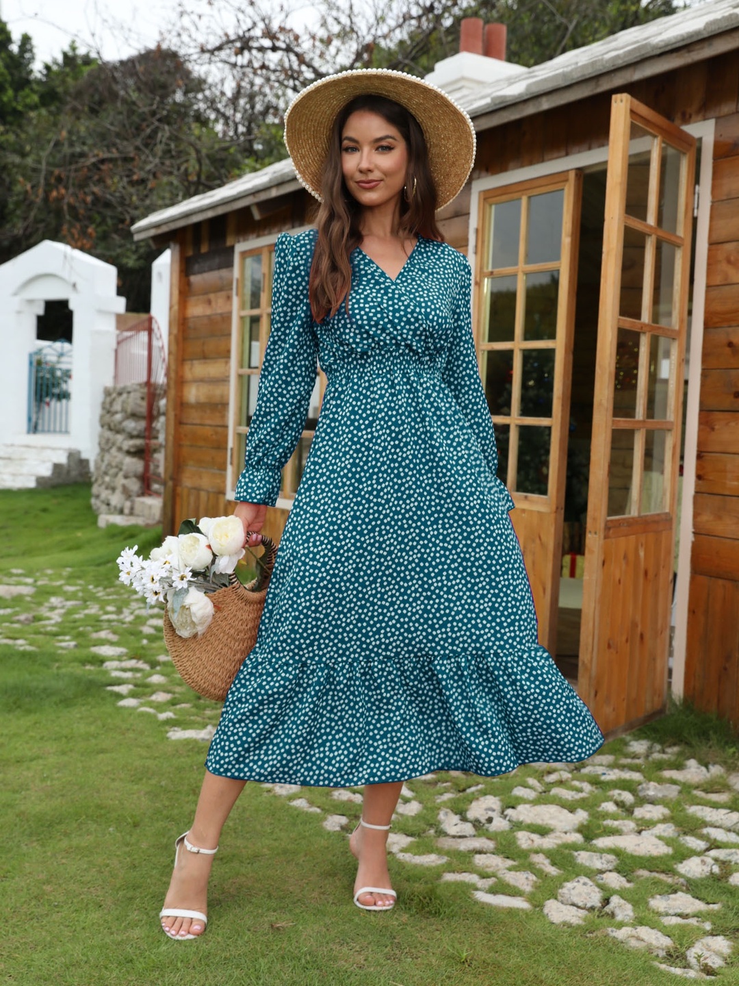 Teal Polka Dot A-Line Midi Dress