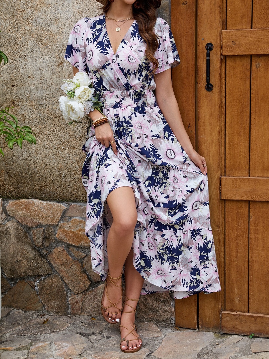 Multi Printed V Neck A-Line Maxi Dress