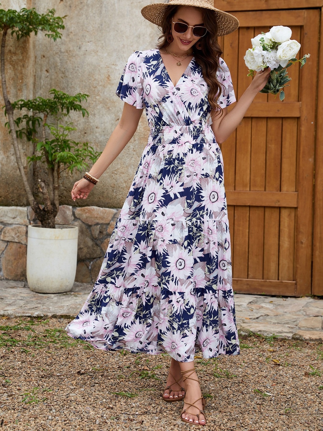 Multi Printed V Neck A-Line Maxi Dress