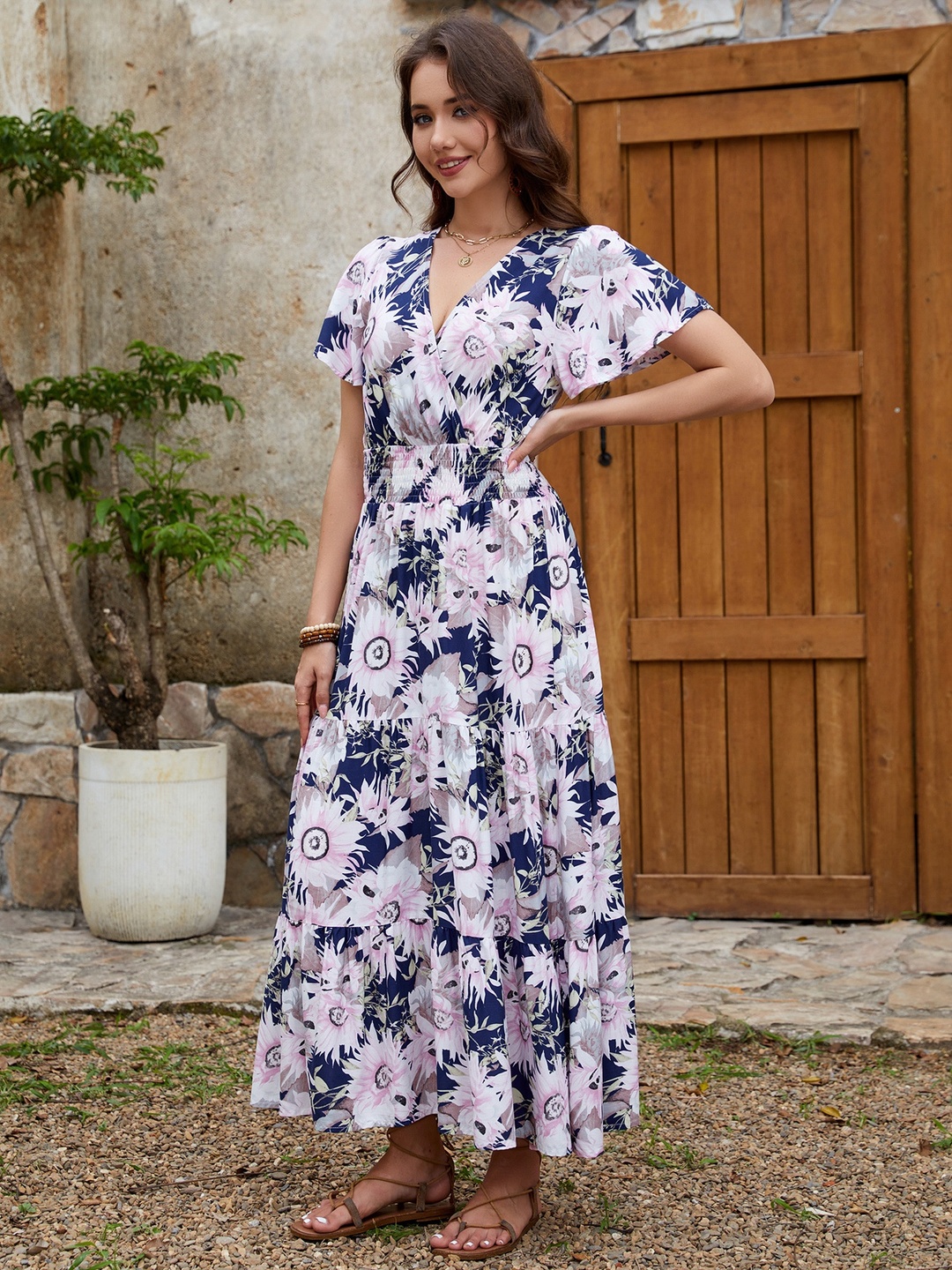 Multi Printed V Neck A-Line Maxi Dress