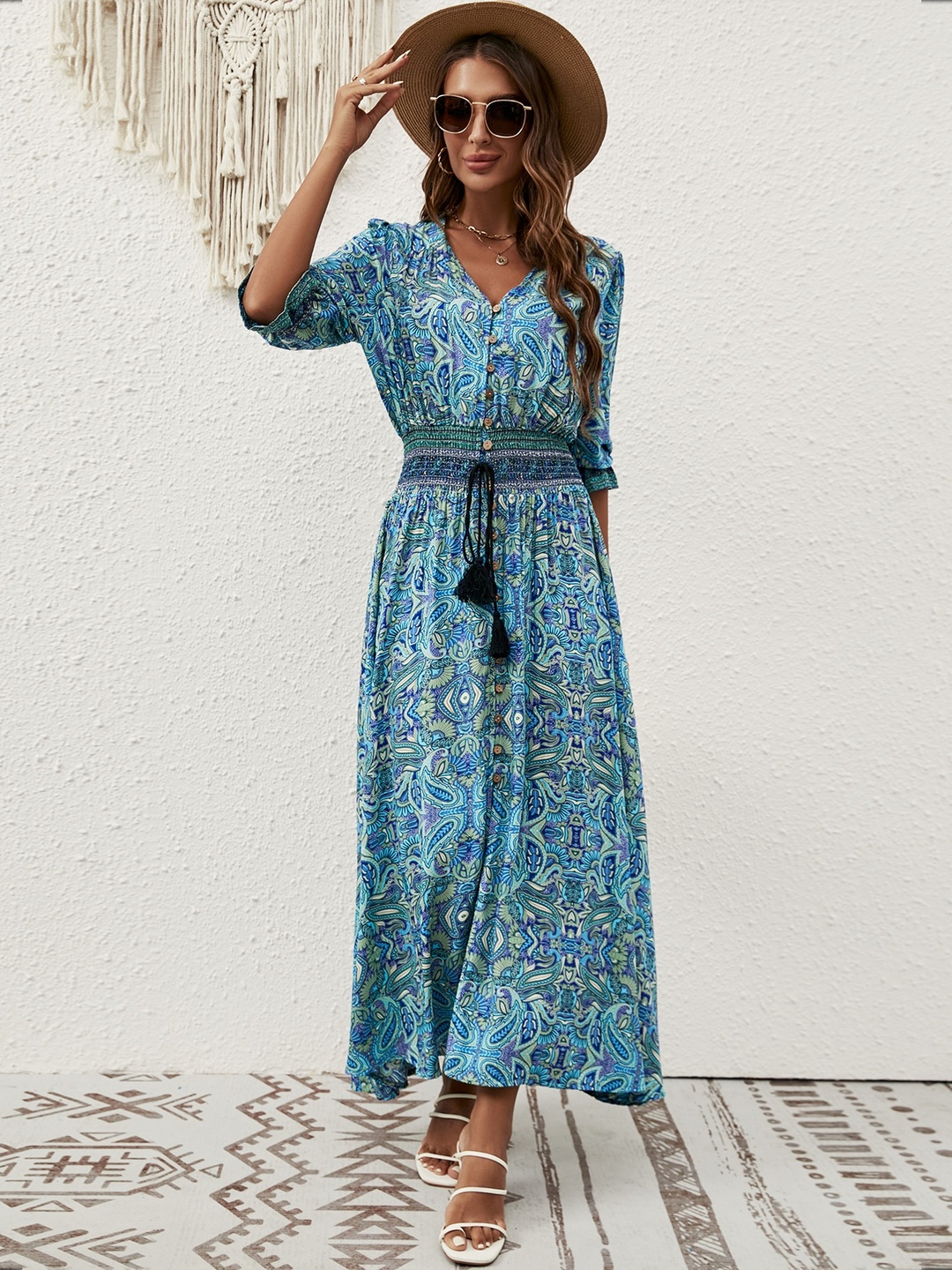 Blue Paisley Print A-Line Maxi Dress