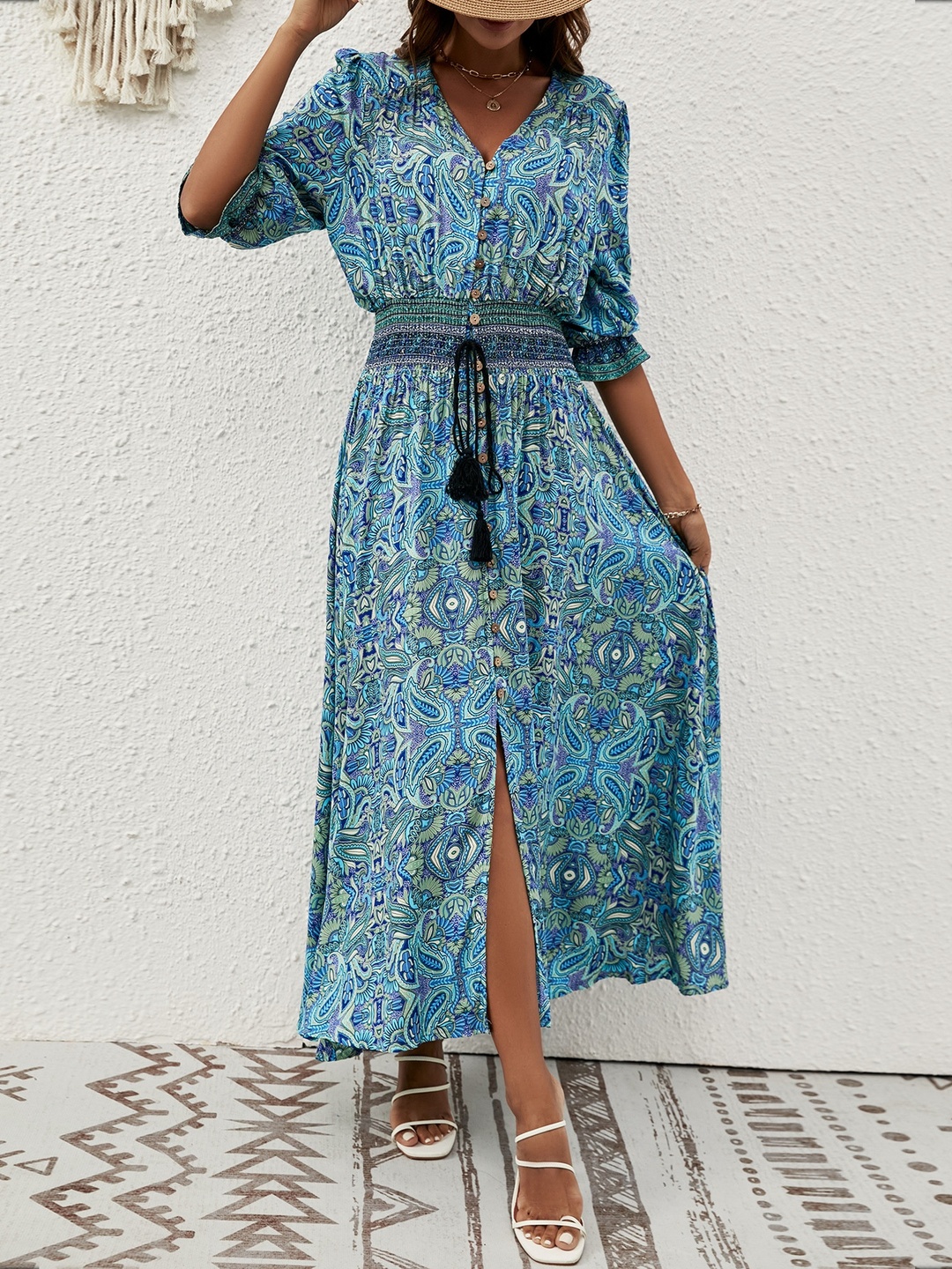 Blue Paisley Print A-Line Maxi Dress