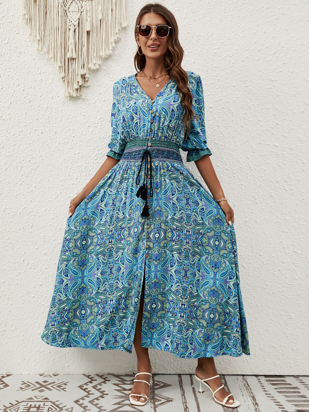 Blue Paisley Print A-Line Maxi Dress