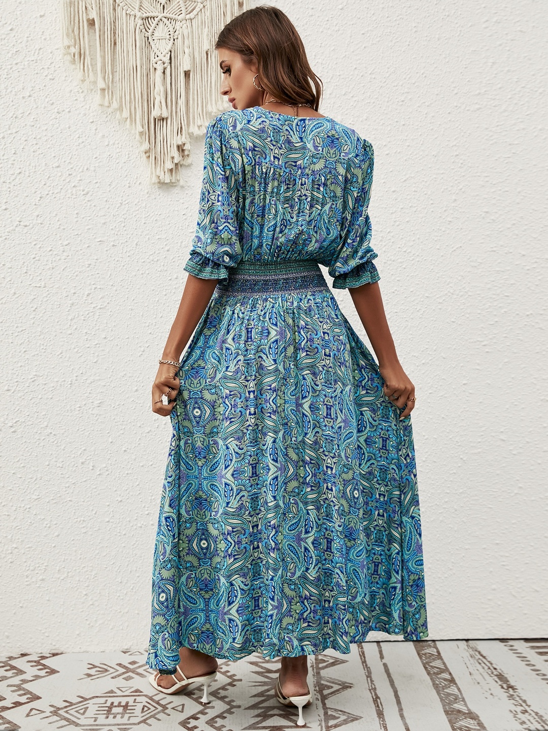 Blue Paisley Print A-Line Maxi Dress
