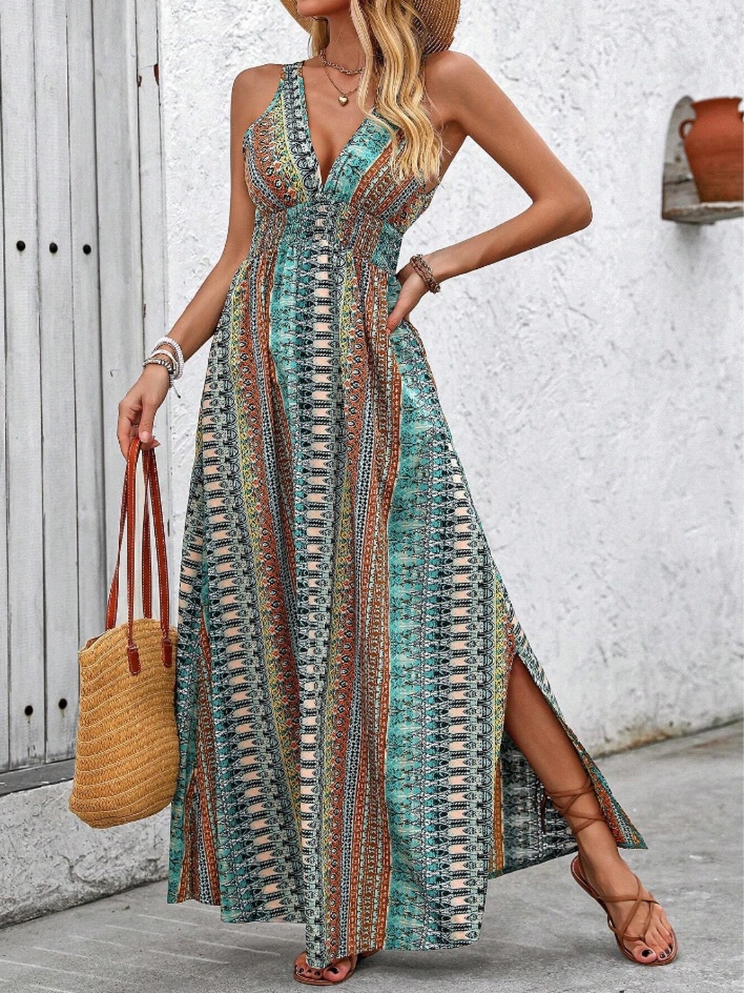 Green All Over Print Side Slit Maxi Dress