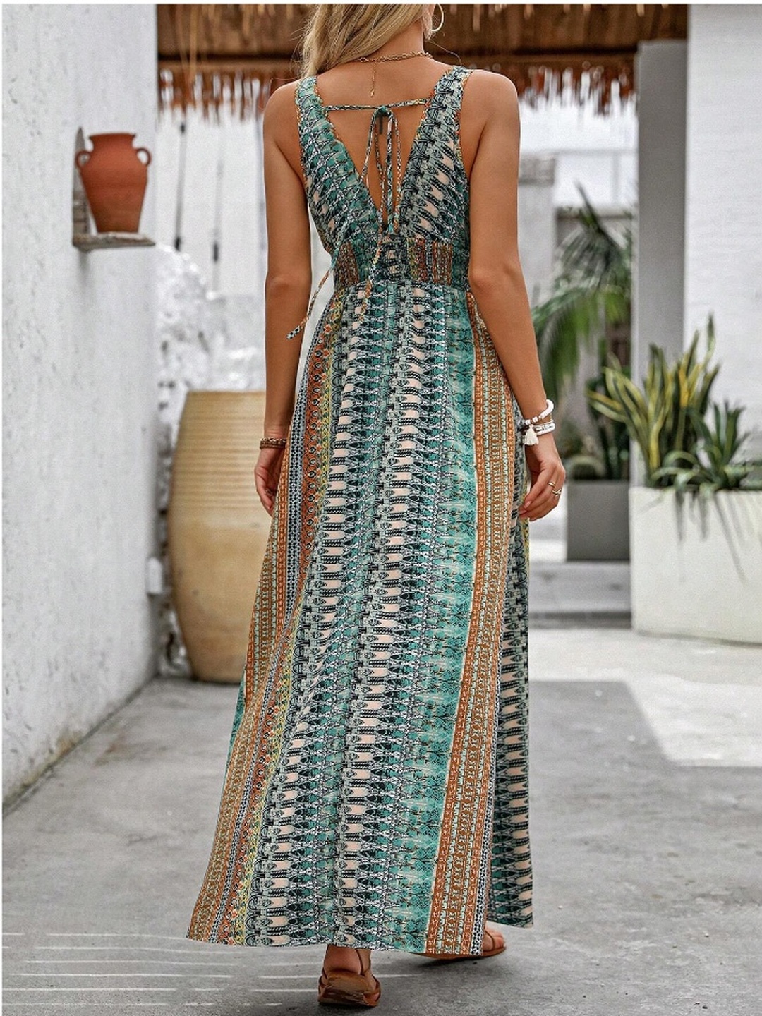 Green All Over Print Side Slit Maxi Dress