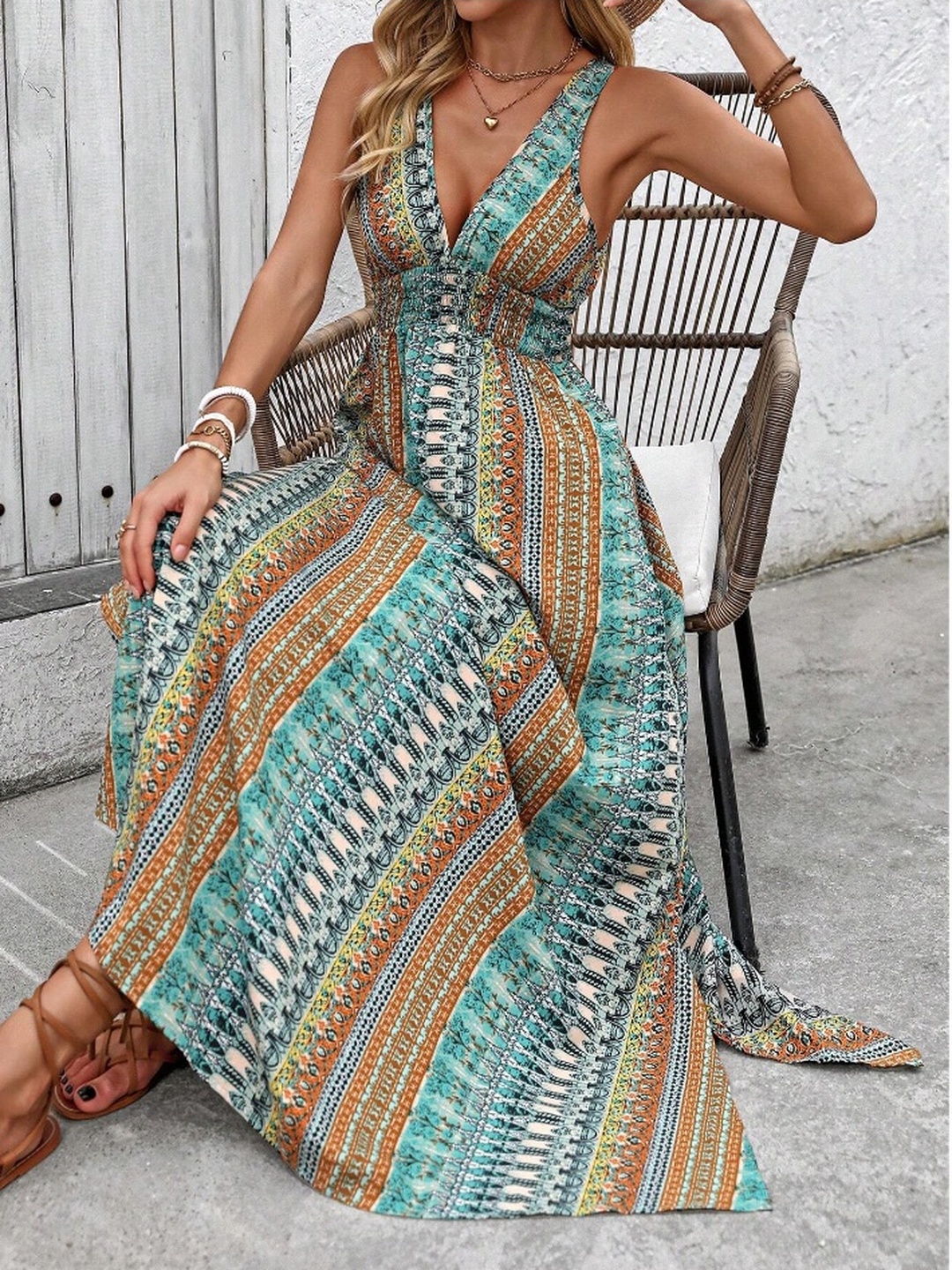 Green All Over Print Side Slit Maxi Dress