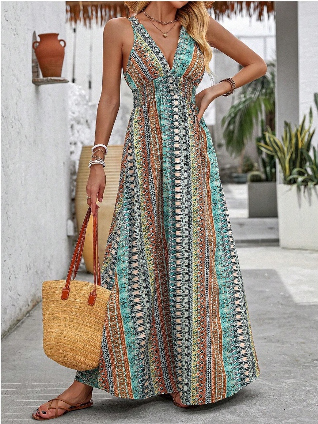 Green All Over Print Side Slit Maxi Dress