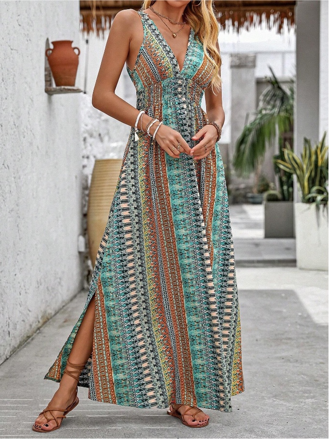 Green All Over Print Side Slit Maxi Dress