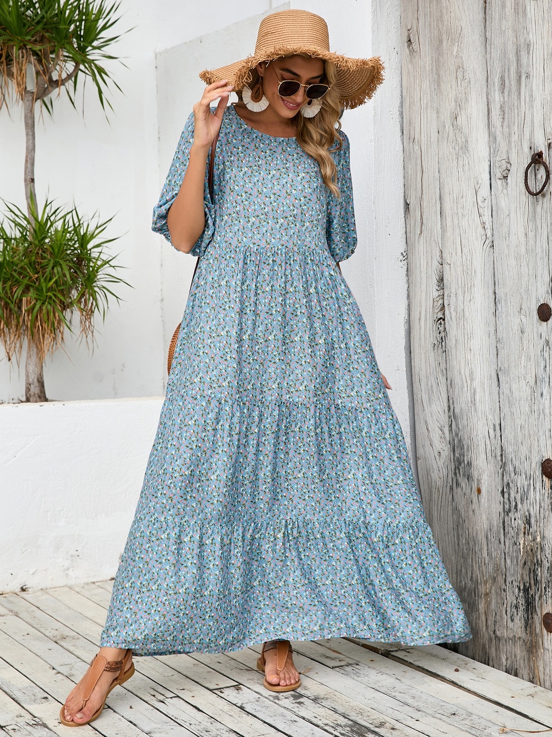 Light Blue Printed Round Neck Tiered Maxi Dress