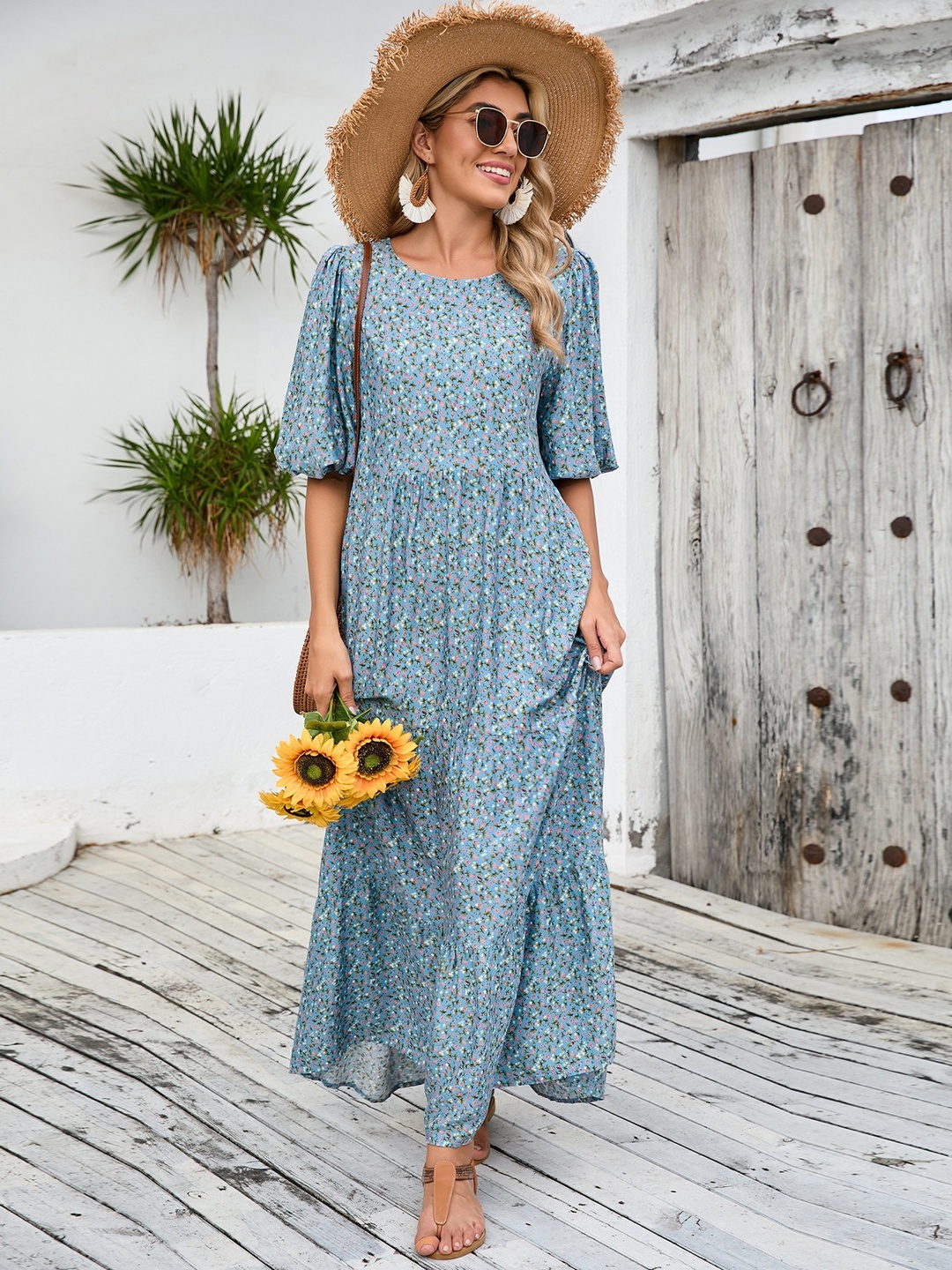 Light Blue Printed Round Neck Tiered Maxi Dress