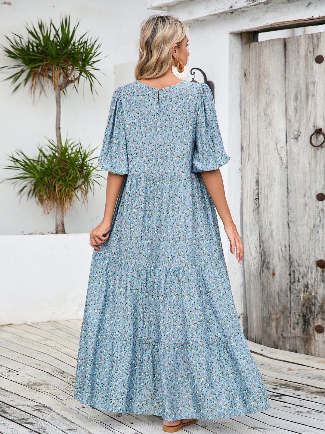 Light Blue Printed Round Neck Tiered Maxi Dress