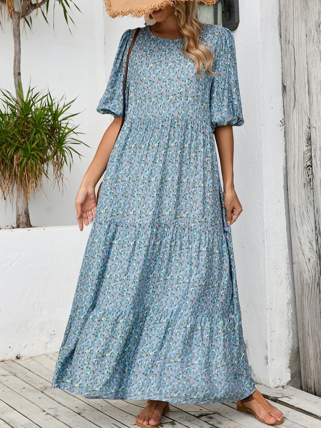 Light Blue Printed Round Neck Tiered Maxi Dress
