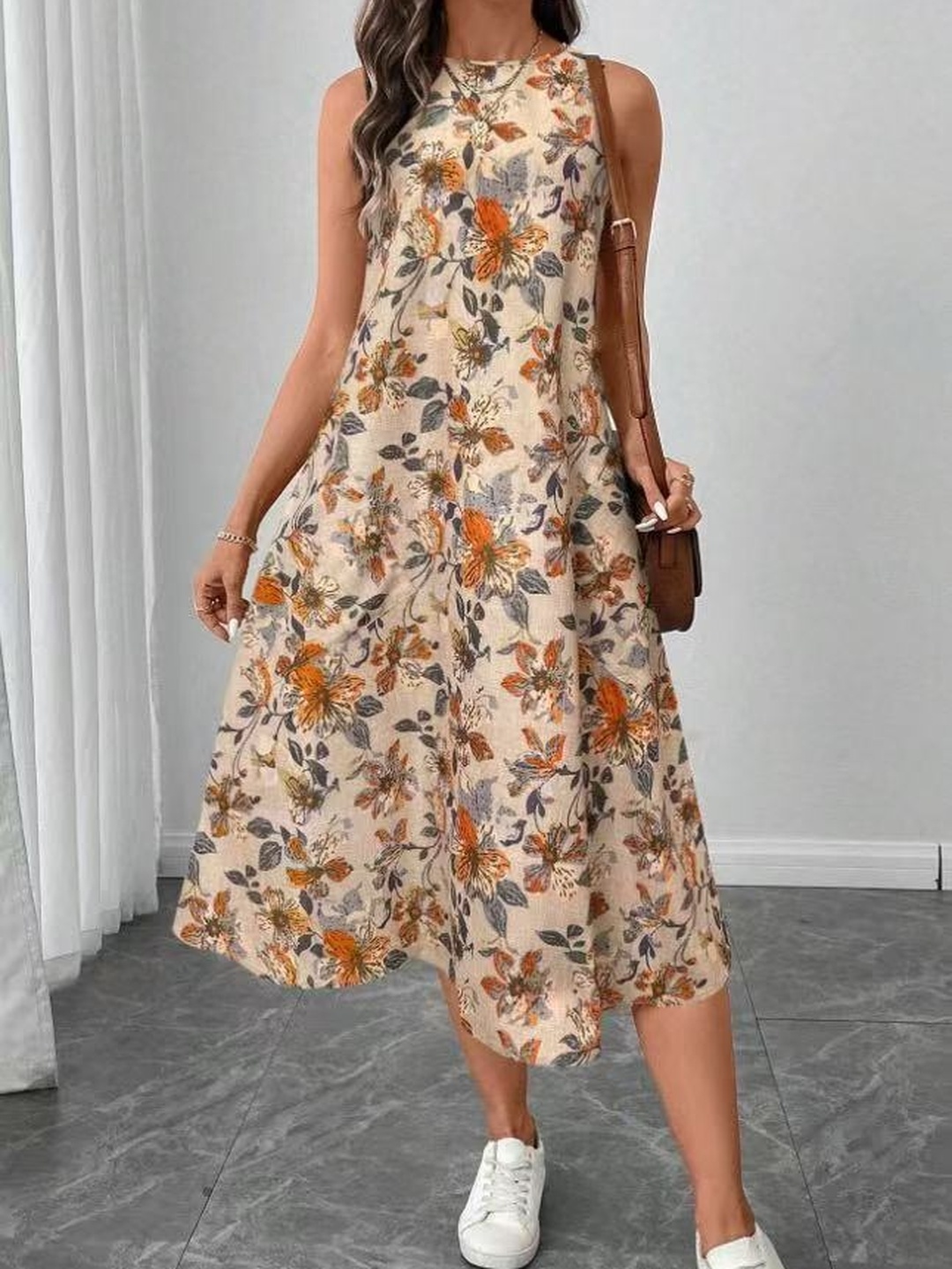 Brown Floral Print Pocketed A-Line Midi Dress