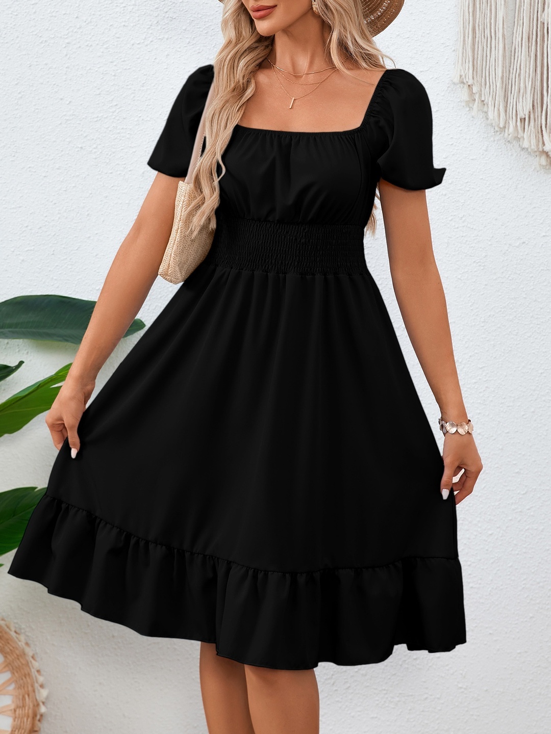Black Square Neck A-Line Knee Length Dress