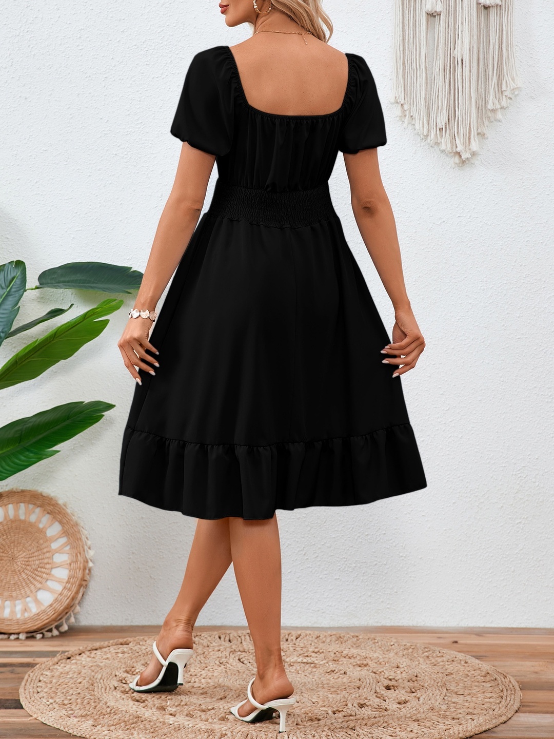 Black Square Neck A-Line Knee Length Dress