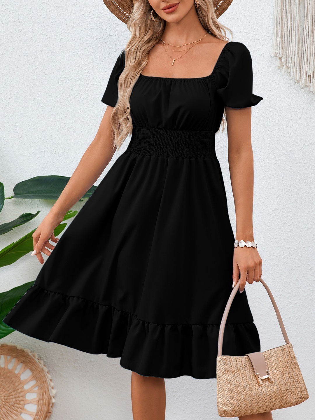 Black Square Neck A-Line Knee Length Dress