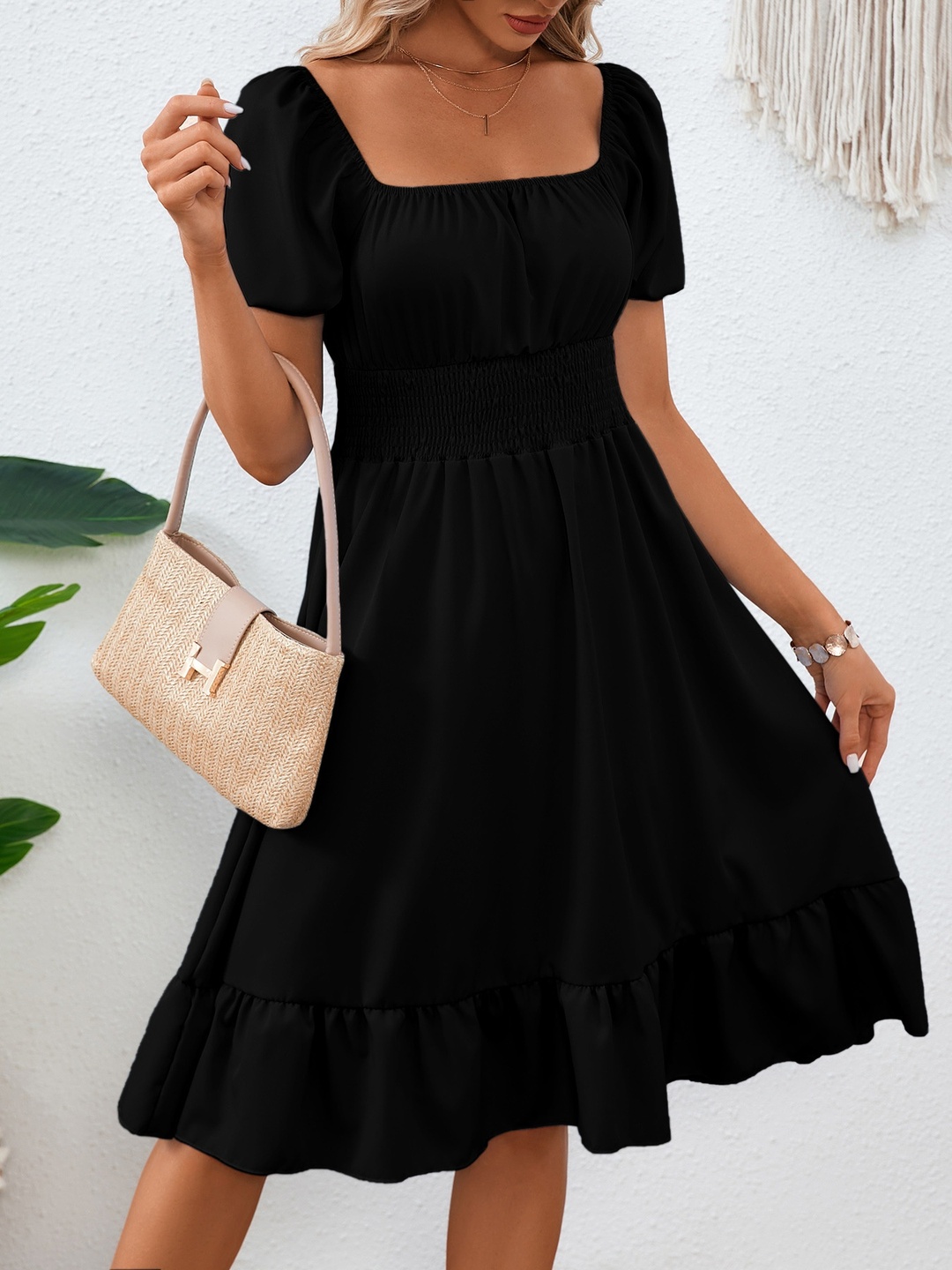 Black Square Neck A-Line Knee Length Dress