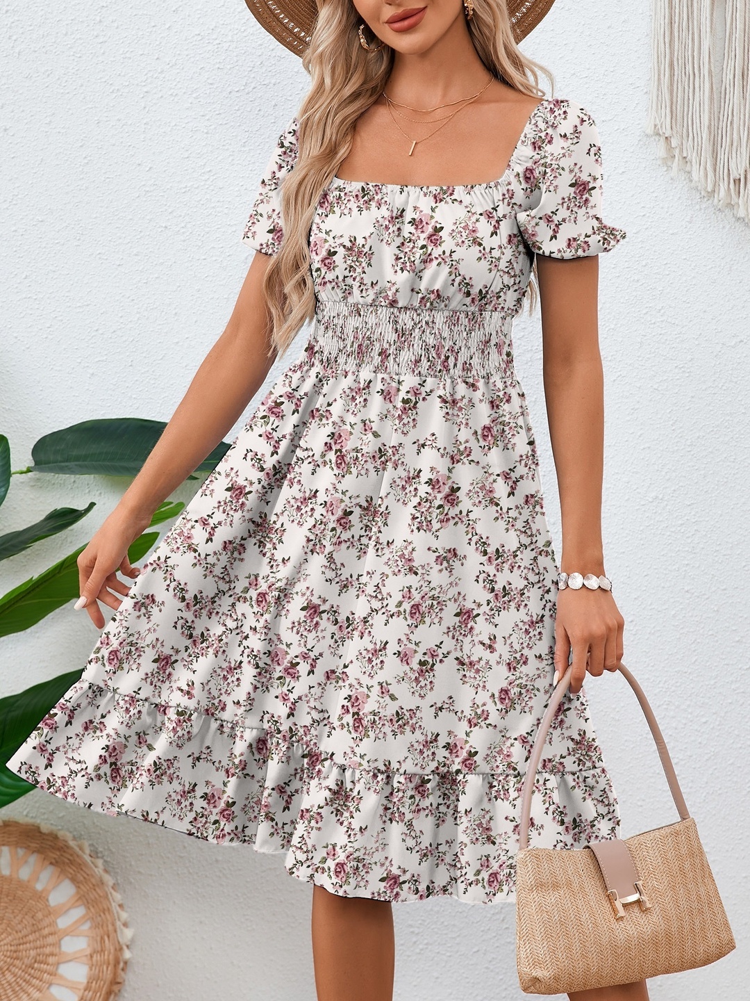 Off White Floral Knee-Length Dress
