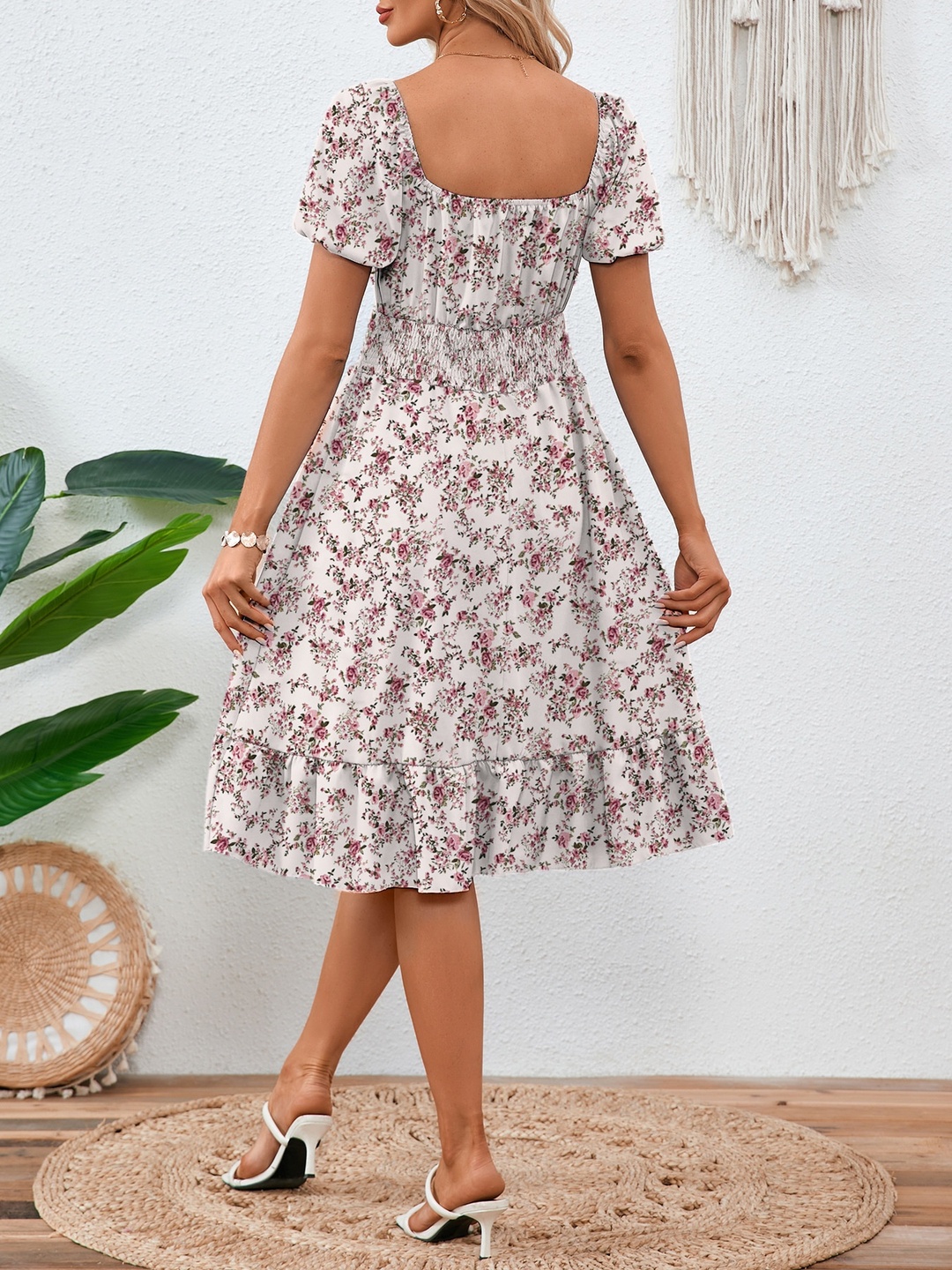 Off White Floral Knee-Length Dress