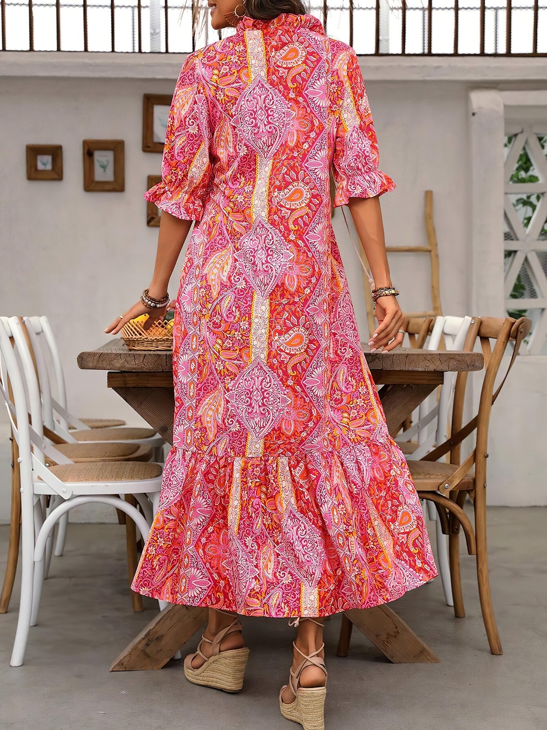 Red Paisley Print Shift Midi Dress