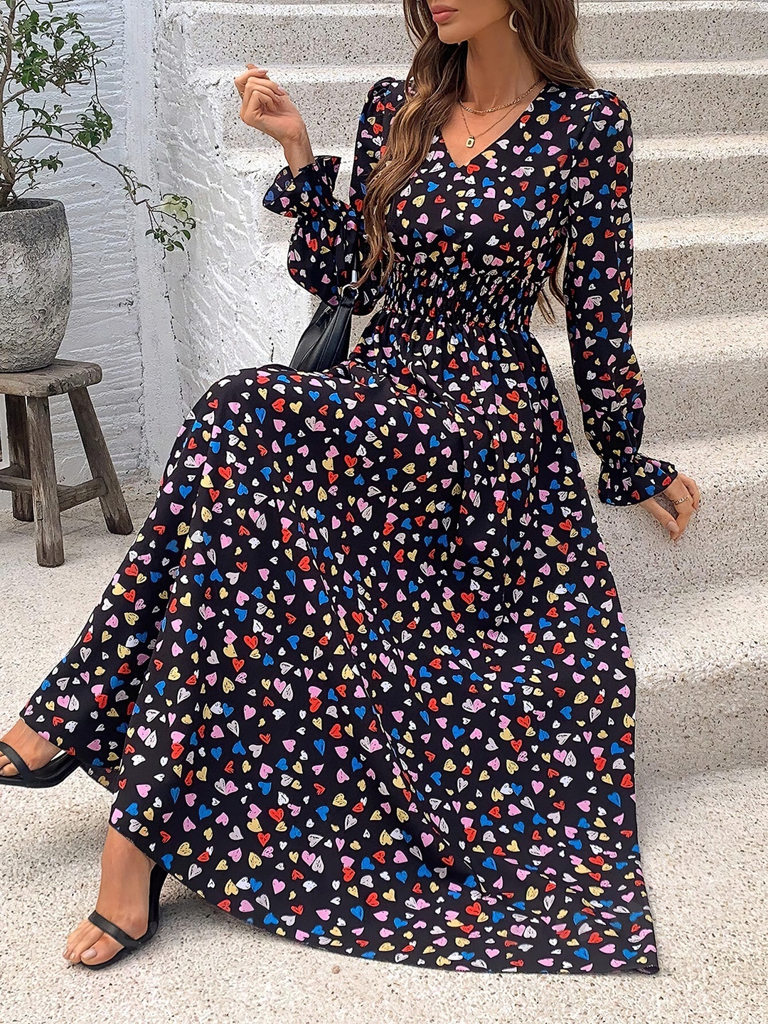 Black Heart Print V Neck Maxi Dress