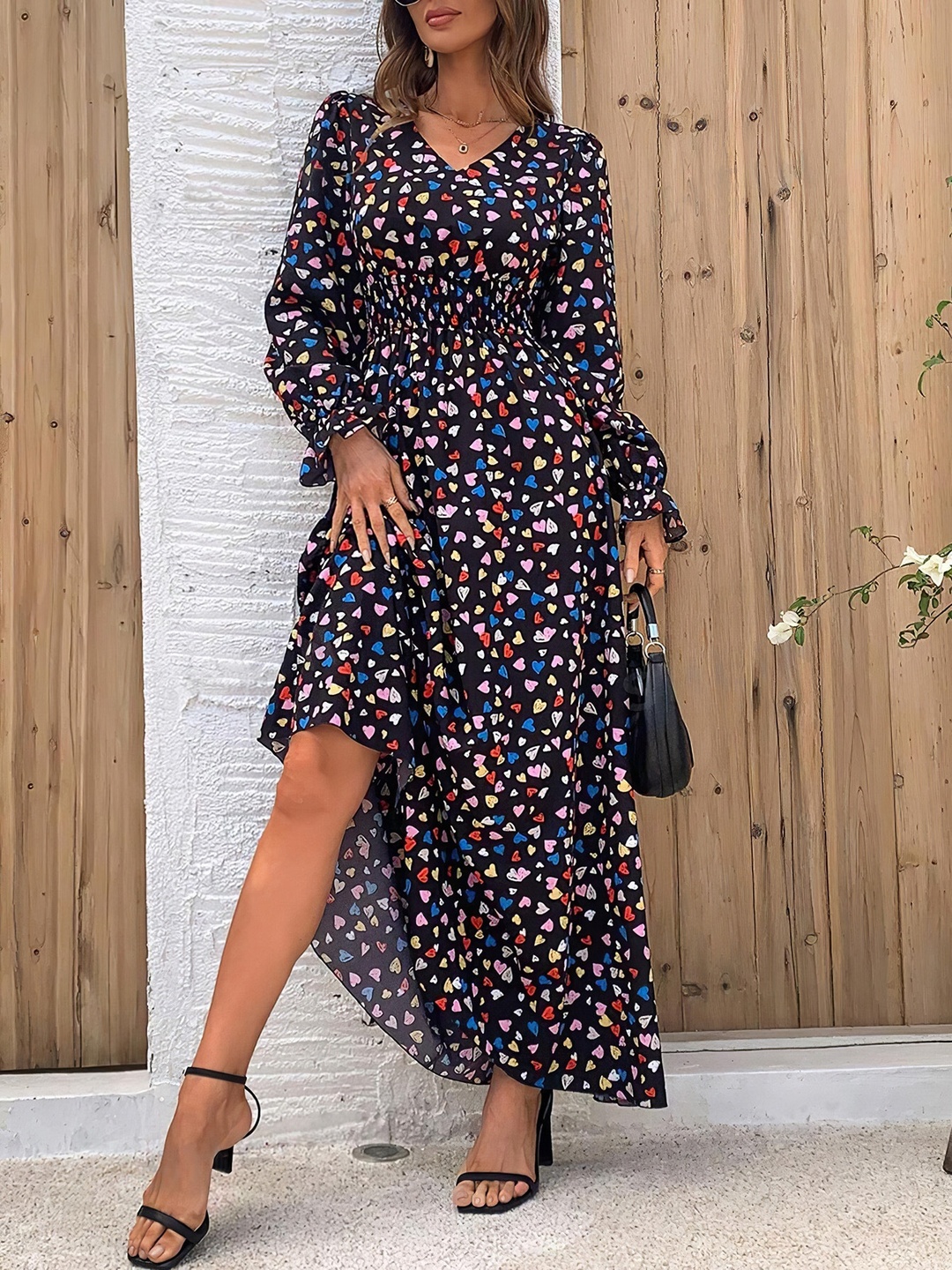 Black Heart Print V Neck Maxi Dress