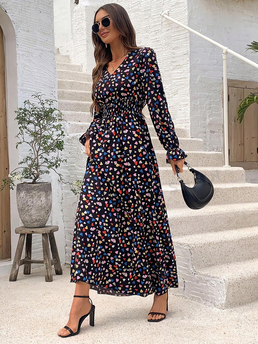 Black Heart Print V Neck Maxi Dress