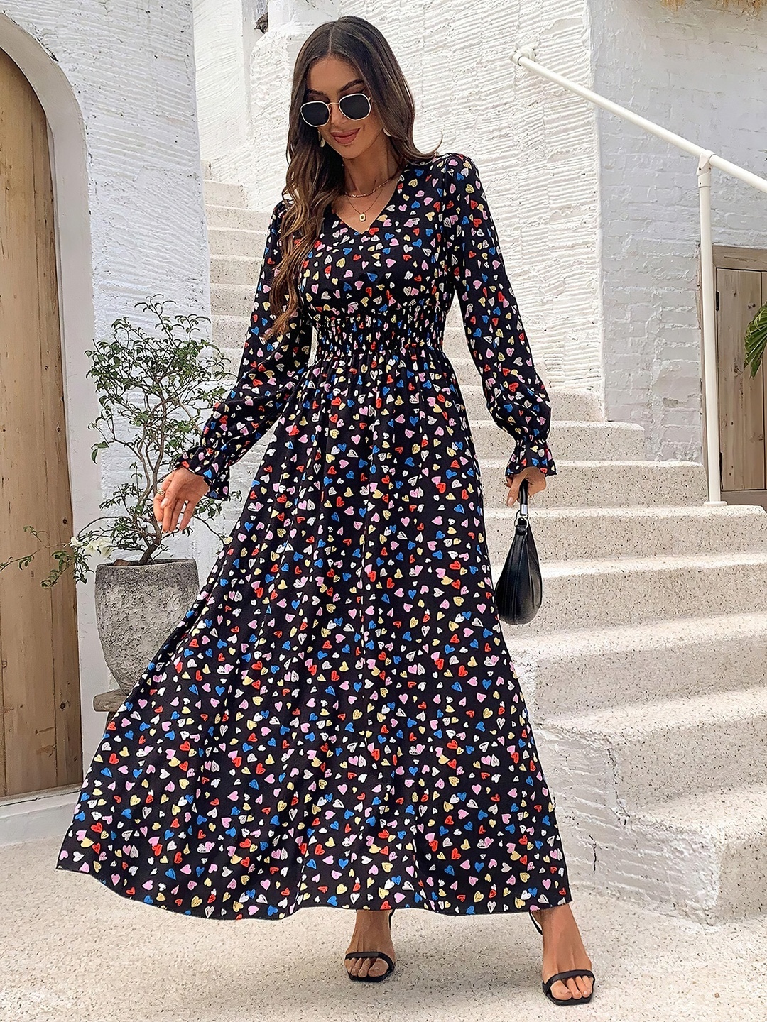 Black Heart Print V Neck Maxi Dress