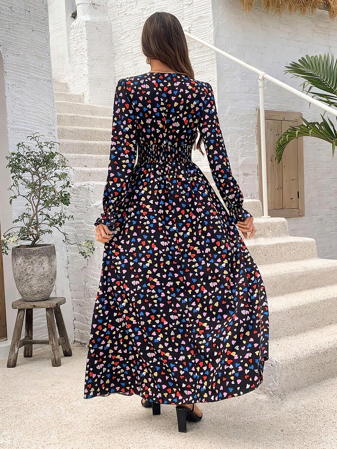Black Heart Print V Neck Maxi Dress