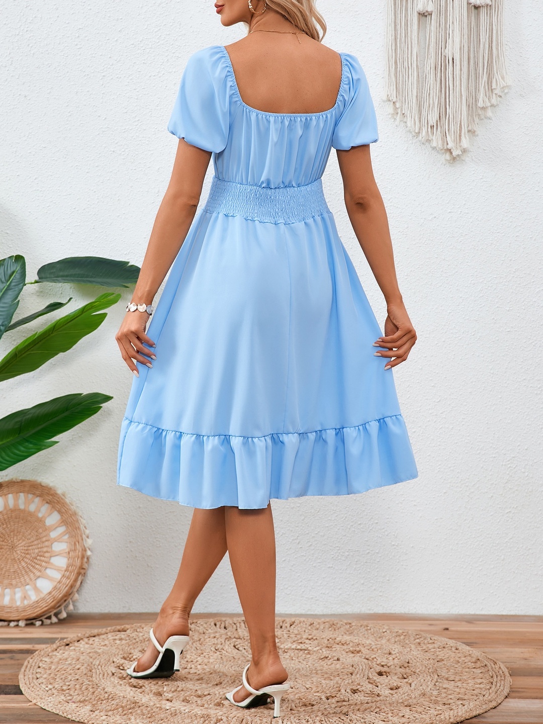 Light Blue Solid Square Neck Fit and Flare Knee length Dress