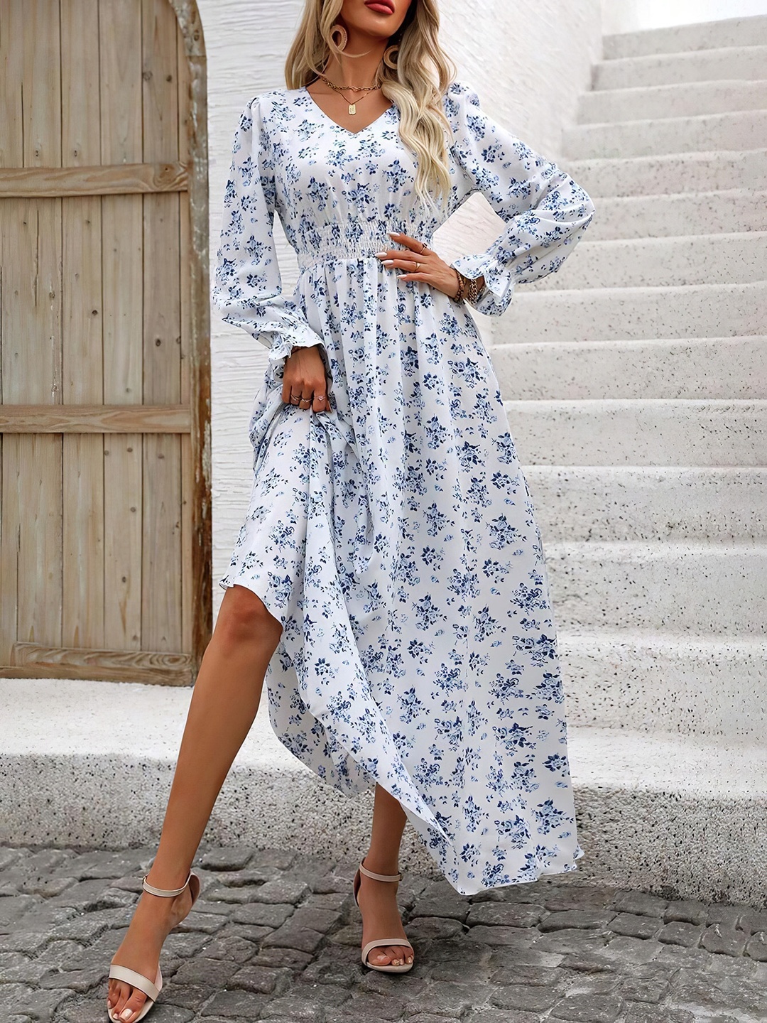 White Floral V Neck A-Line Maxi Dress