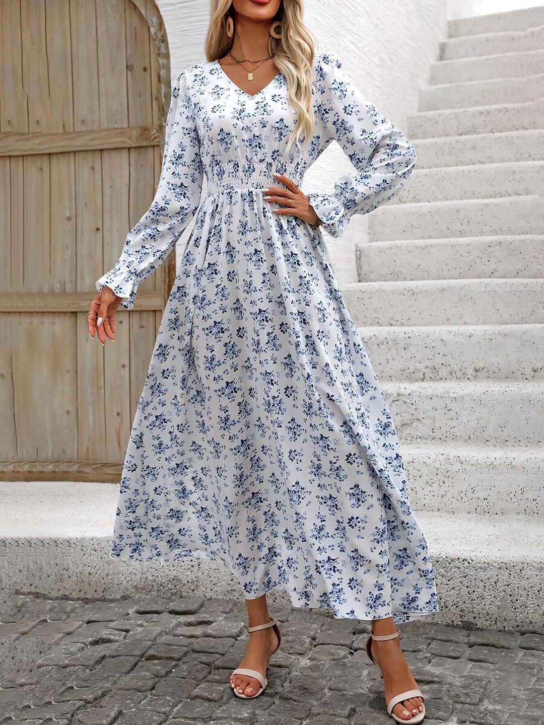 White Floral V Neck A-Line Maxi Dress