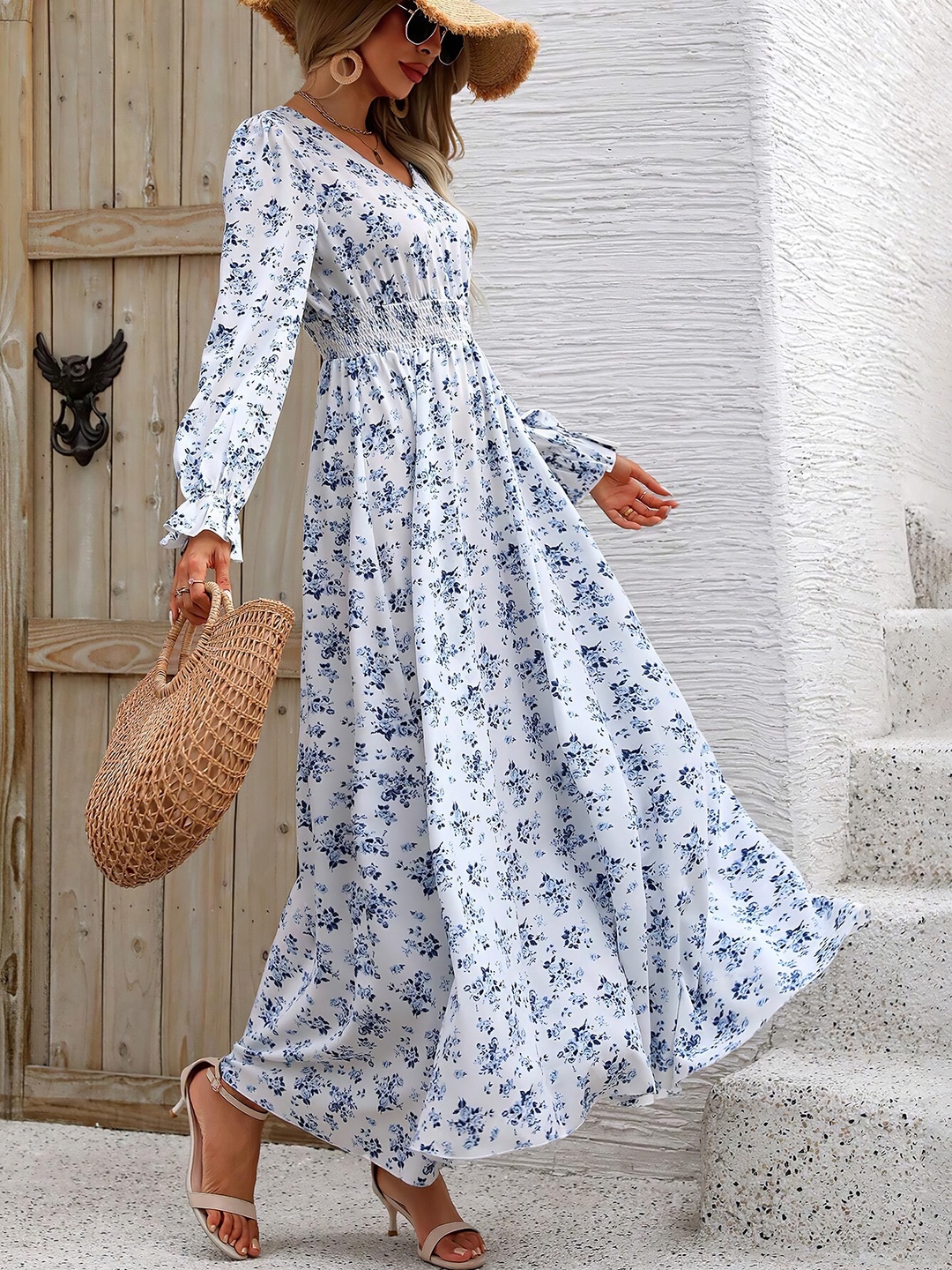 White Floral V Neck A-Line Maxi Dress